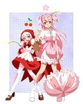  apron bow cherry cherry_blossom_cookie cherry_blossoms cherry_bomb cherry_cookie cookie_run food fruit long_hair multiple_girls namesake pantyhose parasol personification pink_eyes pink_hair pink_skirt red_hood sammu skirt smile twintails two_side_up umbrella white_hair white_legwear 