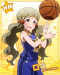  bare_shoulders basketball basketball_hair_ornament basketball_uniform character_name grey_hair handa_roko idolmaster idolmaster_million_live! long_hair low_twintails official_art open_mouth solo sportswear twintails wavy_mouth wristband yellow_eyes 