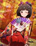  artist_request beamed_eighth_notes black_hair brown_eyes fan folding_fan hair_ornament holding idolmaster idolmaster_million_live! japanese_clothes looking_at_viewer musical_note nakatani_iku official_art one_eye_closed seiza short_hair sitting smile solo 