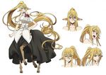  absurdly_long_hair animal_ears blonde_hair blue_eyes breasts centaur centorea_shianus character_sheet concept_art covered_nipples expressions full_body hand_on_hip horse_ears horse_tail huge_breasts long_hair monster_girl monster_musume_no_iru_nichijou multiple_legs multiple_views official_art ponytail sidelocks simple_background skirt sleeveless smile tail very_long_hair white_background 