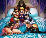 6+girls all_fours ass bare_shoulders bed black_hair blonde_hair blue_eyes braid breasts brown_eyes brown_hair christie_(doa) cleavage clenched_teeth dead_or_alive eliot_(doa) hair_ribbon hairband harem helena_douglas hitomi_(doa) jadenkaiba kokoro_(doa) large_breasts lei_fang long_hair multiple_girls open_mouth phase-4 purple_eyes ribbon short_hair silver_hair sitting smile teeth 