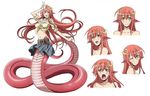  breasts character_sheet cleavage concept_art expressions full_body hair_ornament hairclip lamia large_breasts long_hair midriff miia_(monster_musume) monster_girl monster_musume_no_iru_nichijou multiple_views navel official_art one_eye_closed pointy_ears red_hair scales shirt simple_background slit_pupils smile tied_shirt v very_long_hair white_background yellow_eyes 