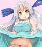  :d aqua_dress blue_ribbon blush bow bow_panties breasts covered_nipples dress dress_lift highres large_breasts long_hair looking_at_viewer navel open_mouth original panties pink_background pink_bow ribbon silver_hair simple_background smile solo totto twintails underwear yellow_eyes 