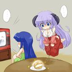  bare_hips bare_shoulders barefoot blue_eyes blue_hair breasts cleavage cream_puff donoteat dress drooling floating food furude_rika hakama hanyuu higurashi_no_naku_koro_ni hip_vent horns japanese_clothes large_breasts long_hair miko multiple_girls oppai_loli purple_hair red_hakama sitting sparkle staring table television watching_television 