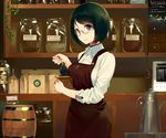  apron bag barista barrel black_eyes black_hair breasts coffee_grinder coffee_pot glasses jar long_sleeves looking_at_viewer medium_breasts original rimless_eyewear sasamori_tomoe short_hair solo 