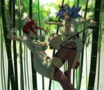  bamboo bamboo_forest between_fingers blue_hair breasts choker christmas_(skullgirls) commentary dappled_sunlight dual_wielding eu03 eyepatch fighting_stance forest garter_straps gloves hair_over_one_eye hat holding large_breasts long_hair multiple_girls nature nurse nurse_cap ponytail red_cross red_eyes red_hair saw scalpel short_hair skullgirls sunlight thighhighs valentine_(skullgirls) white_gloves 