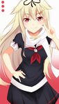  absurdres atari_(ariq323) blonde_hair cowboy_shot fang fang_out hair_flaps hair_ornament hair_ribbon hairclip hand_on_hip highres kantai_collection long_hair looking_at_viewer red_eyes remodel_(kantai_collection) ribbon school_uniform serafuku smile solo v yuudachi_(kantai_collection) 