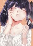  :t bangs blouse breasts brown_background cleavage closed_eyes collarbone eating food foodgasm fork hair_ribbon hand_on_own_cheek heart highres holding holding_fork kaorr long_hair long_sleeves medium_breasts pajamas purple_hair ribbon sausage sleeves_folded_up solo sparkle tokyo_ghoul tokyo_ghoul:re twintails upper_body white_blouse yonebayashi_saiko 