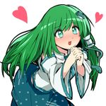  1girl :d aqua_eyes bangs bare_shoulders belly_peek bent_over blush collared_shirt cowboy_shot detached_sleeves frog_hair_ornament from_side green_hair hair_ornament hair_tubes hands_clasped heart highres homco interlocked_fingers kochiya_sanae long_hair looking_at_viewer looking_to_the_side necktie nose_blush open_mouth own_hands_together polka_dot raised_eyebrows shirt simple_background skirt skirt_set smile snake_hair_ornament solo symbol-shaped_pupils touhou very_long_hair white_background wide_sleeves 