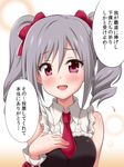  drill_hair idolmaster idolmaster_cinderella_girls kanzaki_ranko long_hair looking_at_viewer open_mouth red_eyes silver_hair smile solo translation_request twin_drills twintails uraichishi 