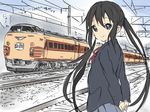  arms_behind_back black_hair brown_eyes core_(mayomayo) ground_vehicle k-on! long_hair nakano_azusa object_namesake railroad_tracks sakuragaoka_high_school_uniform school_uniform train twintails 