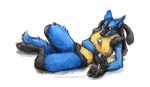  2015 anthro black_fur blue_fur claws fur kenket licking looking_back lucario lying male nintendo plain_background pok&eacute;mon solo tongue tongue_out video_games white_background yellow_fur 