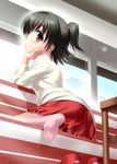  akagi_miria black_hair blush brown_eyes hand_on_own_cheek idolmaster idolmaster_cinderella_girls looking_back no_shoes shoes_removed short_hair skirt socks solo twintails zen 