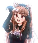  brown_hair fang fangs holo maid maid_outfit open_mouth paw_pose red_eyes spice_and_wolf zatsudan 