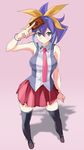  blue_hair bow breasts card cosplay eighth_note green_eyes hair_bow highres hiiragi_yuzu hiiragi_yuzu_(cosplay) large_breasts multicolored_hair musical_note necktie oi_ke ponytail school_uniform serena_(yuu-gi-ou_arc-v) sleeveless solo thighhighs two-tone_hair yuu-gi-ou yuu-gi-ou_arc-v zettai_ryouiki 