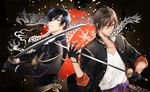  arm_tattoo armor black_gloves black_hair brown_hair dragon_tattoo eyepatch formal gloves japanese_armor jewelry katana kusazuri male_focus multiple_boys necklace necktie ookurikara shokudaikiri_mitsutada suit sword tattoo touken_ranbu uhouho14 weapon 