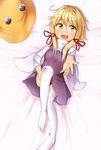  blonde_hair dress hair_ribbon hat hat_removed headwear_removed high_collar kyuu-fairy000 leg_hold long_sleeves looking_at_viewer lying moriya_suwako on_back on_bed open_mouth outstretched_hand ribbon short_hair sidelocks solo thighhighs touhou white_legwear wide_sleeves yellow_eyes 