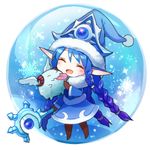  :p ^_^ blue_hair braid chibi closed_eyes gloves hamamo hat horns league_of_legends licking long_hair lowres lulu_(league_of_legends) open_mouth pointy_ears poro_(league_of_legends) snow snowflakes snowing solo staff tongue tongue_out wings yordle 