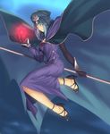  blue_eyes blue_hair cape caster dress energy_ball fate/stay_night fate_(series) floating hat high_heels long_dress magic md5_mismatch sandals solo staff tsukikanade 