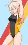  arms_up blonde_hair blue_eyes competition_swimsuit hachimitsu-b hanna-justina_marseille long_hair one-piece_swimsuit one_eye_closed strike_witches swimsuit world_witches_series 