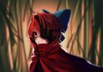  berabou blue_bow blurry bow cape depth_of_field downscaled eyepatch from_side hair_bow image_sample md5_mismatch orange_eyes parted_lips red_hair resized sekibanki short_hair solo touhou twitter_sample upper_body 