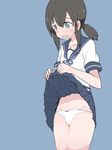  aqua_eyes blue_background bow bow_panties brown_hair fubuki_(kantai_collection) kaika kantai_collection lifted_by_self open_mouth panties pleated_skirt ponytail school_uniform serafuku short_hair skirt skirt_lift solo tears underwear white_panties 