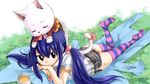  1girl artist_name ass blue_hair brown_eyes cat charle_(fairy_tail) chin_rest fairy_tail feet hair_ornament highres long_hair looking_at_viewer lying mashima_hiro no_shoes official_art on_stomach screencap shorts smile striped_legwear striped_thighhighs twintails wallpaper wendy_marvell 