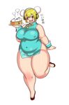  1girl blonde_hair blush breasts brown_eyes china_dress chinese_clothes dress fat full_body headphones huge_breasts kjmvideo looking_at_viewer necklace nitroplus open_mouth plump shoes short_hair smile solo star super_pochaco swimsuit thick_thighs wide_hips 