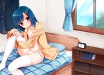  aichi_shiho bed blue_hair blush bookshelf bulge clock commentary_request flat_chest hair_ornament hairclip highres leg_hug looking_at_viewer male_focus nipples no_pants non-web_source open_clothes open_shirt original otoko_no_ko panties red_eyes shirt side-tie_panties sitting thighhighs underwear untied untied_panties white_legwear window 