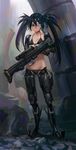  bad_id bad_pixiv_id bikini black_hair black_rock_shooter black_rock_shooter_(character) blue_eyes choker cyborg doyora flat_chest front-tie_bikini front-tie_top full_body gun highres long_hair lowleg lowleg_bikini mechanical_arms mechanical_legs rifle science_fiction scope scouter side-tie_bikini solo swimsuit twintails uneven_twintails weapon 