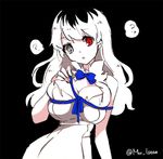  ? black_background black_hair blending blue_bow blue_ribbon bow breasts cleavage cleavage_cutout cosplay dungeon_ni_deai_wo_motomeru_no_wa_machigatteiru_darou_ka genderswap genderswap_(mtf) grey_eyes hestia_(danmachi) hestia_(danmachi)_(cosplay) heterochromia large_breasts long_hair moi_(latte_art) multicolored_hair open_mouth red_eyes rei_no_himo ribbon sasaki_haise simple_background solo tokyo_ghoul tokyo_ghoul:re twitter_username two-tone_hair white_hair 