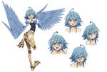  ahoge blue_hair blue_wings breasts character_sheet concept_art expressions feathered_wings feathers full_body harpy monster_girl monster_musume_no_iru_nichijou multiple_views official_art papi_(monster_musume) short_shorts shorts simple_background small_breasts smile talons white_background wings yellow_eyes 