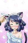 animal_ears blue_hair blush cat_ears cat_tail curly_hair cyan_(show_by_rock!!) ear_grab embarrassed green_eyes off_shoulder one_eye_closed show_by_rock!! shun_no_shun solo sweater tail tears trembling 