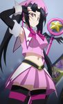  1girl black_hair breasts female hat high_school_dxd large_breasts long_hair midriff navel purple_eyes serafall_leviathan skirt smile solo staff standing stitched thighhighs twintails 