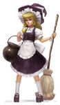  apron blonde_hair blue_eyes bracelet braid broom cauldron doyora dress flat_chest full_body hat highres jewelry kirisame_marisa kneehighs long_hair mary_janes nose shoes side_braid simple_background smile socks solo touhou waist_apron white_background white_legwear witch_hat 