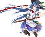  black_legwear blue_hair food fruit gloves gmot hat hinanawi_tenshi long_hair looking_at_viewer open_mouth peach puffy_short_sleeves puffy_sleeves red_eyes shirt short_sleeves skirt solo sword_of_hisou thighhighs touhou very_long_hair white_gloves zettai_ryouiki 