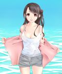  breasts brown_eyes brown_hair covered_nipples denim denim_shorts egooo hair_bun idolmaster idolmaster_cinderella_girls large_breasts long_hair no_bra one_side_up shimamura_uzuki shirt shorts solo standing water wet wet_clothes wet_shirt 