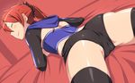  ass bike_shorts black_legwear cameltoe closed_eyes dungeon_ni_deai_wo_motomeru_no_wa_machigatteiru_darou_ka em flat_ass hood hoodie loki_(danmachi) ponytail red_hair smile solo thighhighs 