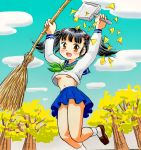  arms_up black_hair blush breasts broom brown_eyes cloud hair_bobbles hair_ornament holding holding_broom jumping long_hair looking_at_viewer marup midriff navel no_bra open_mouth original outdoors school_uniform shoes skirt sky small_breasts smile socks solo tied_hair tree twintails underboob 