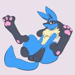  3_toes ambiguous_gender blue_fur blush canine feet fur legs_up looking_at_viewer lucario mammal mutsky nintendo open_mouth pawpads paws pok&eacute;mon red_eyes sitting spread_legs spreading toes video_games yellow_fur 