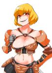  armor bike_shorts bikini_armor blonde_hair breasts cleavage clementine_(overlord) collarbone elbow_pads large_breasts looking_at_viewer metal_gloves midriff navel open_mouth overlord_(maruyama) red_eyes short_hair shoulder_armor simple_background smile solo tongue upper_teeth white_background zei-minarai 