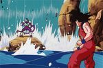  2boys alien animated animated_gif black_hair cooler_(dragon_ball) dragon_ball dragonball dragonball_z fangs from_behind horns lowres male male_focus mask multiple_boys muscle purple_skin red_eyes smile son_goku son_gokuu subtitled tail transformation waterfall 