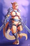  2015 amber_eyes anthro armor breasts dinosaur dual_wielding female gauntlets genesis_(kabier) harness holding_weapon hornedfreak looking_at_viewer nipples pussy raptor solo sword talons unconvincing_armor weapon 