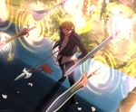  blonde_hair fate/stay_night fate/zero fate_(series) gate_of_babylon gilgamesh highres male_focus null2deoru polearm red_eyes solo sword weapon 