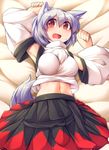  animal_ears blush breasts detached_sleeves fun_bo inubashiri_momiji large_breasts looking_at_viewer lying navel on_back open_mouth red_eyes short_hair silver_hair skirt solo tail tareme touhou wolf_ears wolf_tail 
