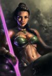  braid breasts bridal_gauntlets choker cleavage elbow_gloves energy_spear energy_weapon gem gloves green_eyes hair_over_shoulder jade_(mortal_kombat) lam_nguyen large_breasts lips long_hair looking_at_viewer midriff mortal_kombat navel nose realistic reclining single_braid sitting skull solo staff thighhighs toned weapon 