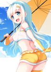  ass bare_shoulders blue_eyes blue_sky cloud crop_top elbow_gloves gloves highres igakusei long_hair md5_mismatch midriff open_mouth original parasol race_queen shorts silver_hair sky smile solo umbrella very_long_hair yellow_gloves 