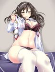  akairo_no_mako ashigara_(kantai_collection) blush bra breasts brown_eyes brown_hair cleavage crotch_seam hairband highres kantai_collection large_breasts long_hair navel necktie necktie_removed panties pantyhose pantyhose_pull remodel_(kantai_collection) smile solo stomach underwear undressing white_legwear 