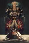  beret black_hair chair face_mask hannibal_lecter hat jiangshi koto_inari mask miyako_yoshika ofuda plate praying red_eyes shirt short_hair sitting solo table the_silence_of_the_lambs touhou 