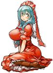  :&lt; aqua_eyes aqua_hair between_legs blush boots bow breasts brown_footwear dress frilled_dress frills front_ponytail hair_bow huge_breasts kagiyama_hina long_hair perky_breasts puffy_short_sleeves puffy_sleeves red_bow red_dress sachito short_sleeves sitting solo touhou 